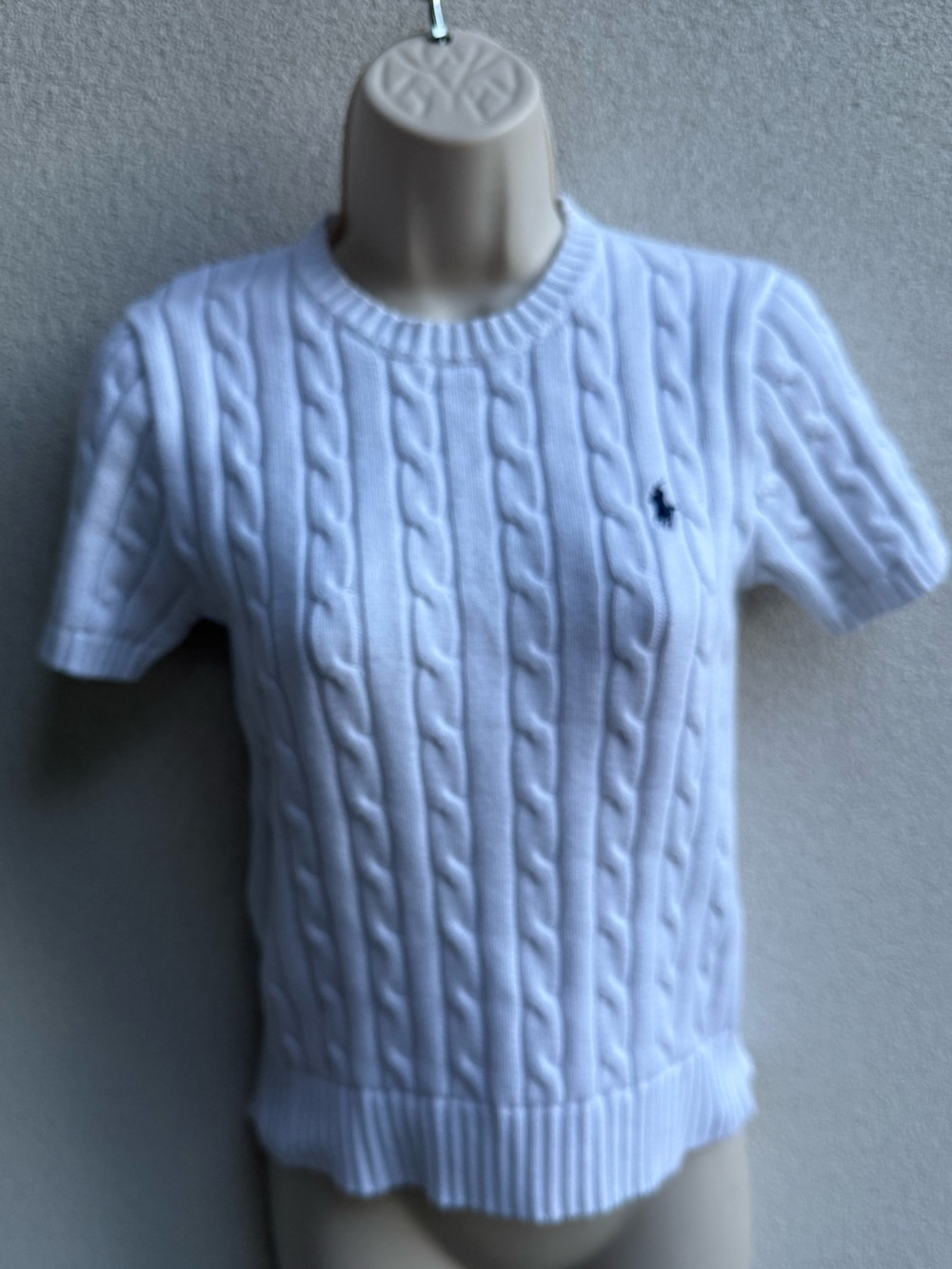 Polo Ralph Lauren Cable Knit Pima Cotton Short Sleeve Sweater White Navy XS